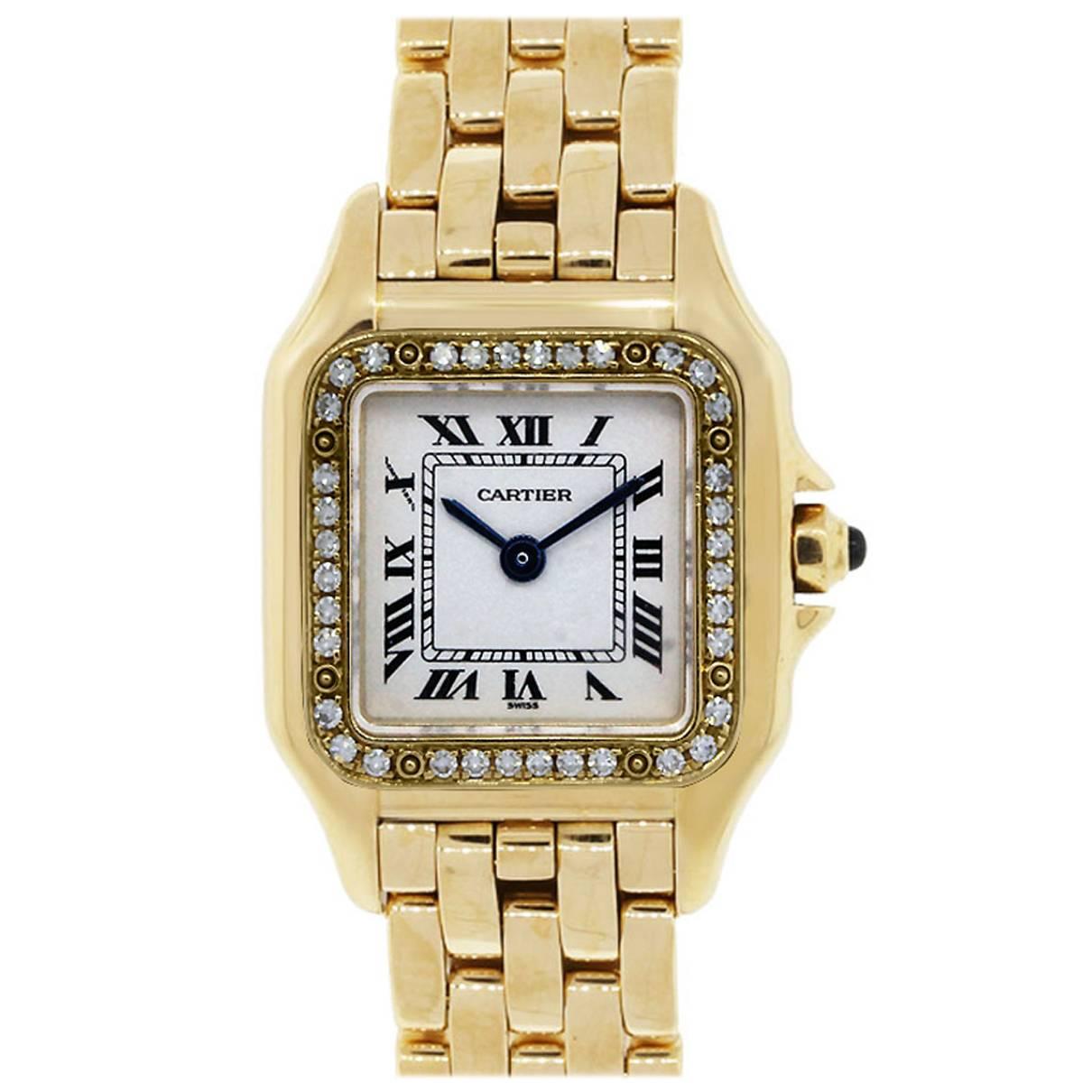 Cartier Yellow Gold Diamond Bezel White Dial Quartz Panther Wristwatch