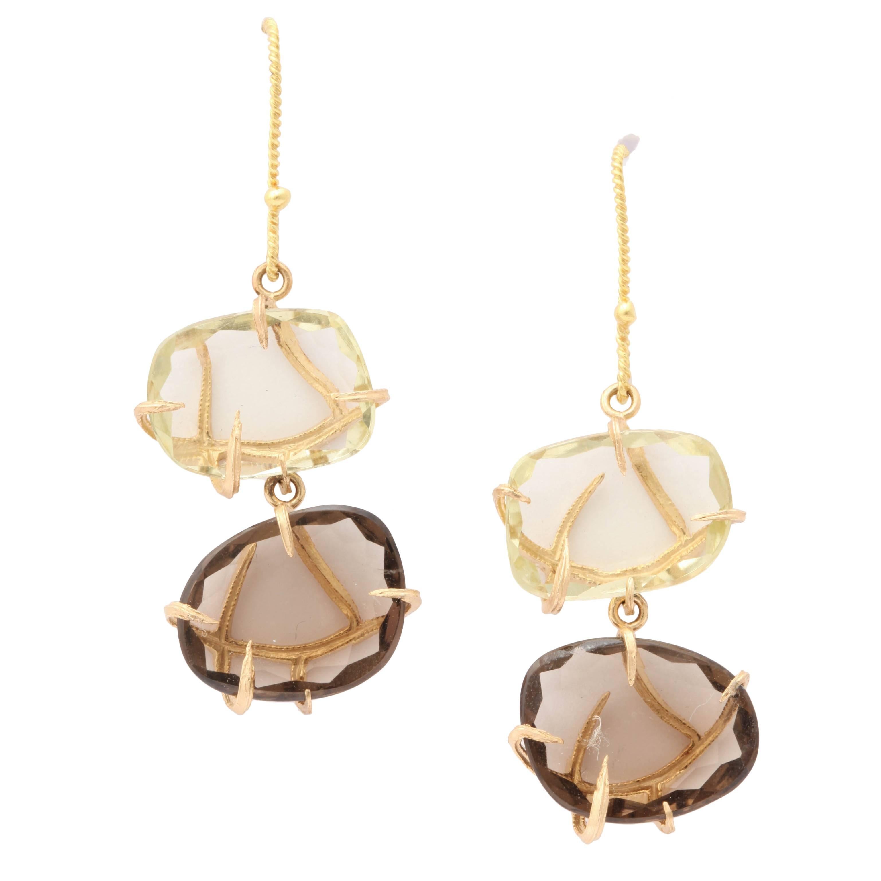 Citrine Smokey Topaz Gold Brutalist Earrings For Sale