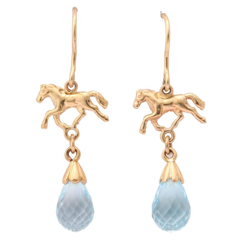 Sporty Blue Topaz Briolette Gold Horse Earrings For At 1stdibs Sporty Blue Topaz Briolette Gold Horse Earrings For