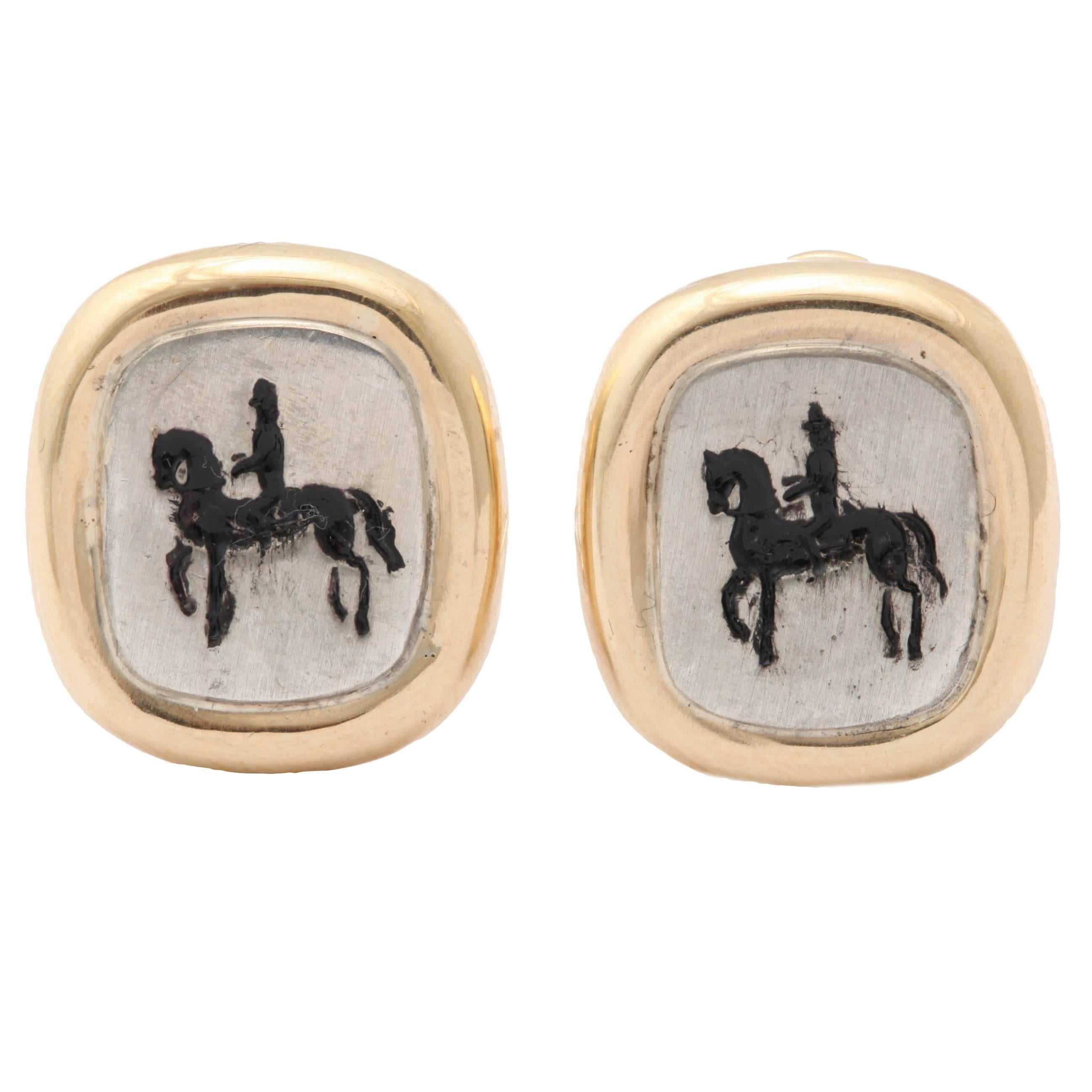 Silver Gold Horse and Rider Earrings For Sale