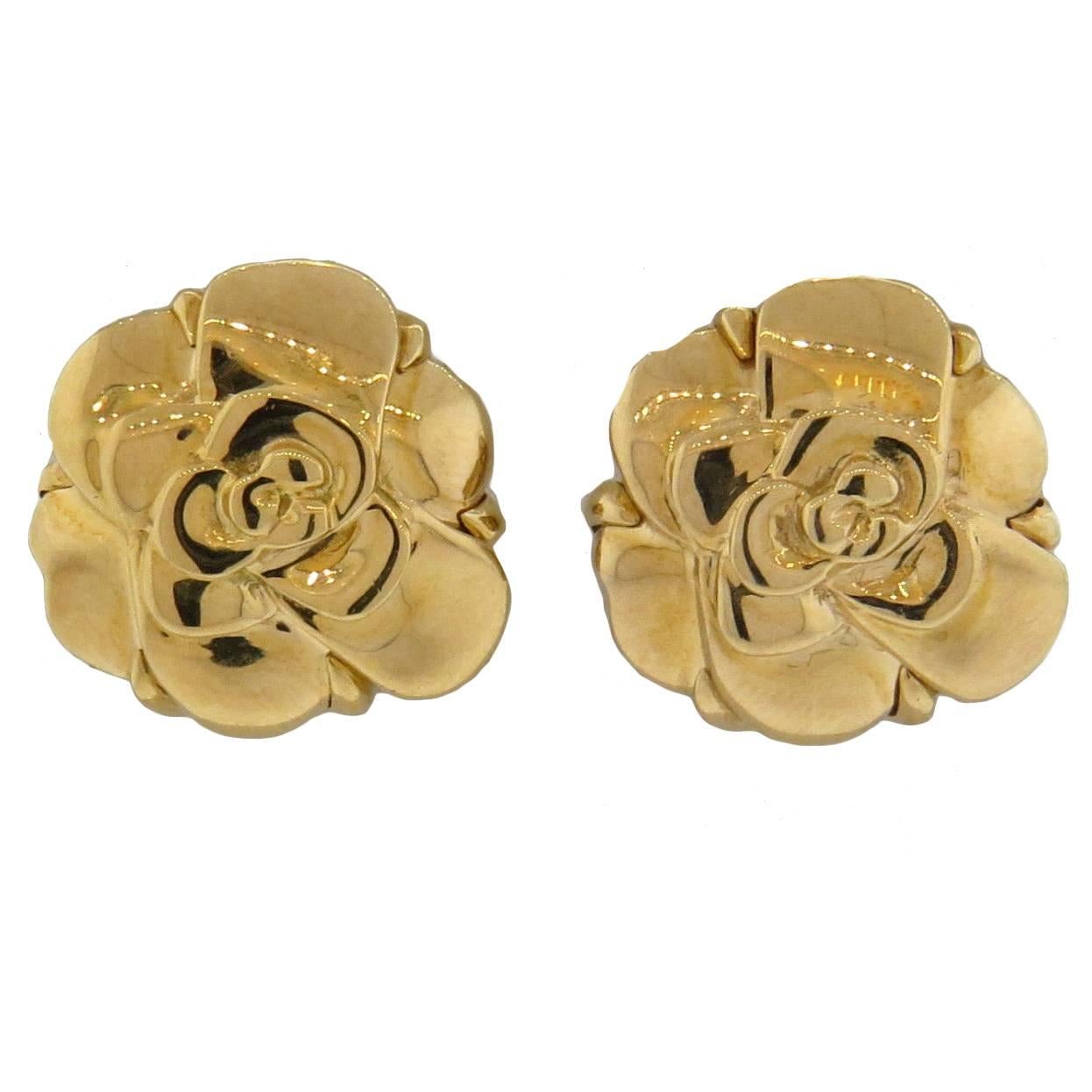 Chanel Gold Camellia Flower Earrings