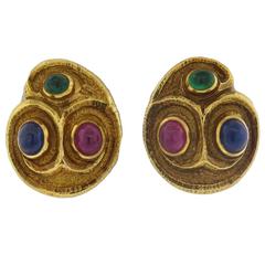 David Webb Gold Ruby Sapphire Emerald Cabochon Swirl Earrings