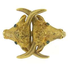 Unique Ilias Lalaounis Emerald Gold Bull's Head Cuff Bracelet