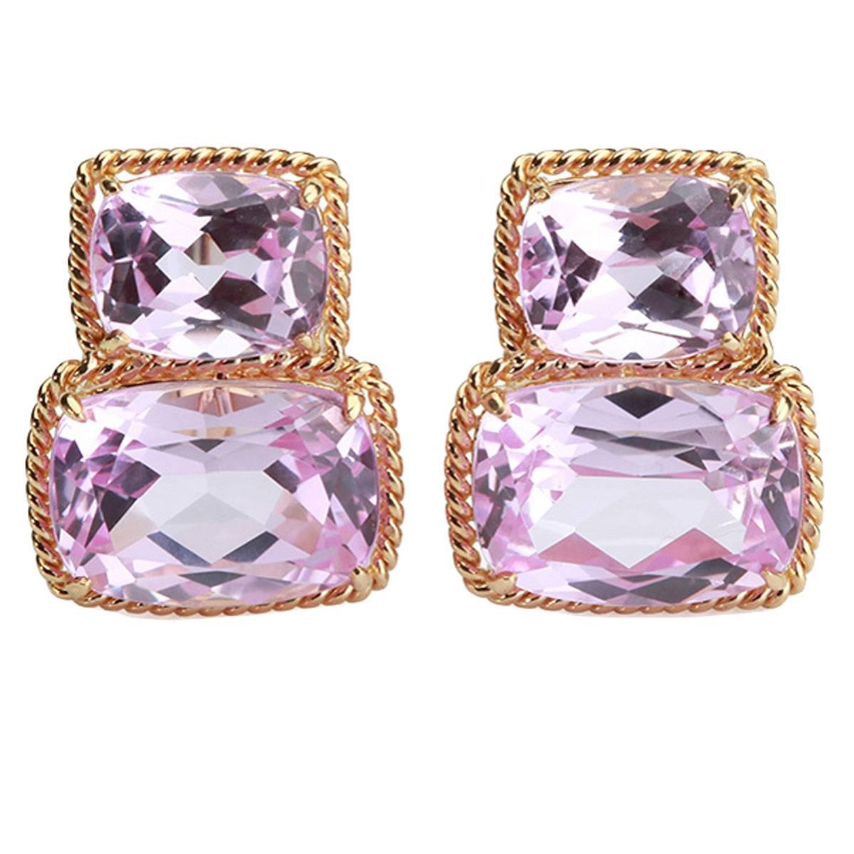 Zwei-Stein-Ohrringe mit rosa Topas und Goldseil, gedrechselte Bordüre
