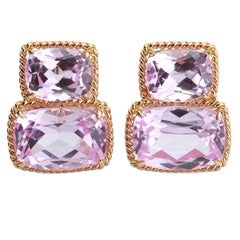 Zwei-Stein-Ohrringe mit rosa Topas und Goldseil, gedrechselte Bordüre 