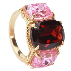Elegant Three Stone Garnet Pink Topaz Ring with Gold Rope Twist Border