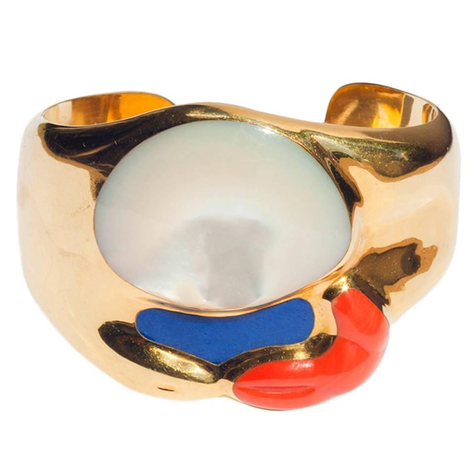 Tiffany & Co. Elsa Peretti Mother-of-Pearl Lapis Coral Gold Hinged Cuff Bracelet