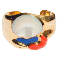 Vintage Tiffany & Co. Elsa Peretti Mother-of-Pearl Lapis Coral Gold Hinged Cuff Bracelet