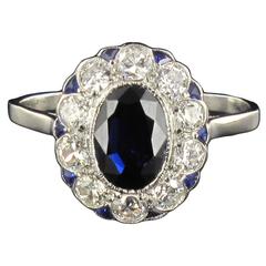 Vintage 1930s French Sapphire Diamond Platinum Ring 