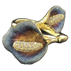 Enamel Diamond Gold Arum Flowers Ring