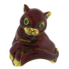 Whimsical Large David Webb Red Enamel Emerald Gold Cat Ring