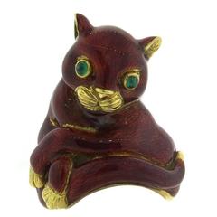 Whimsical Large David Webb Red Enamel Emerald Gold Cat Ring 3
