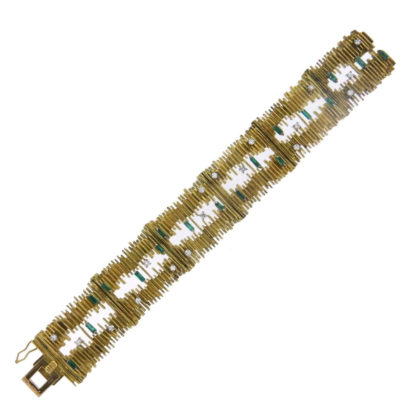 1970s Emerald Diamond Gold Wide Bracelet