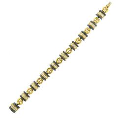1980s Fine Hematite Diamond Gold Princess Cut Bracelet
