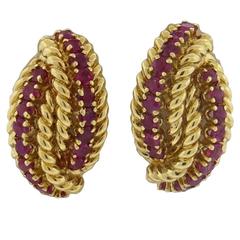 1960s Tiffany & Co. Ruby Gold Woven Earrings
