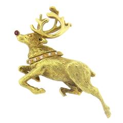 Tiffany & Co. Rudolph the Rednosed Reindeer Diamond Gold Brooch