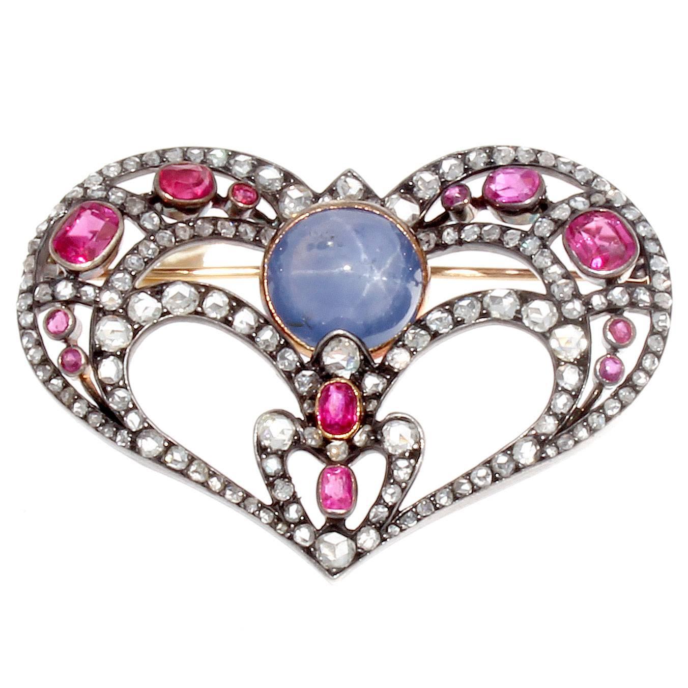 Antique Sapphire Diamond Spinel Silver Gold Heart Brooch