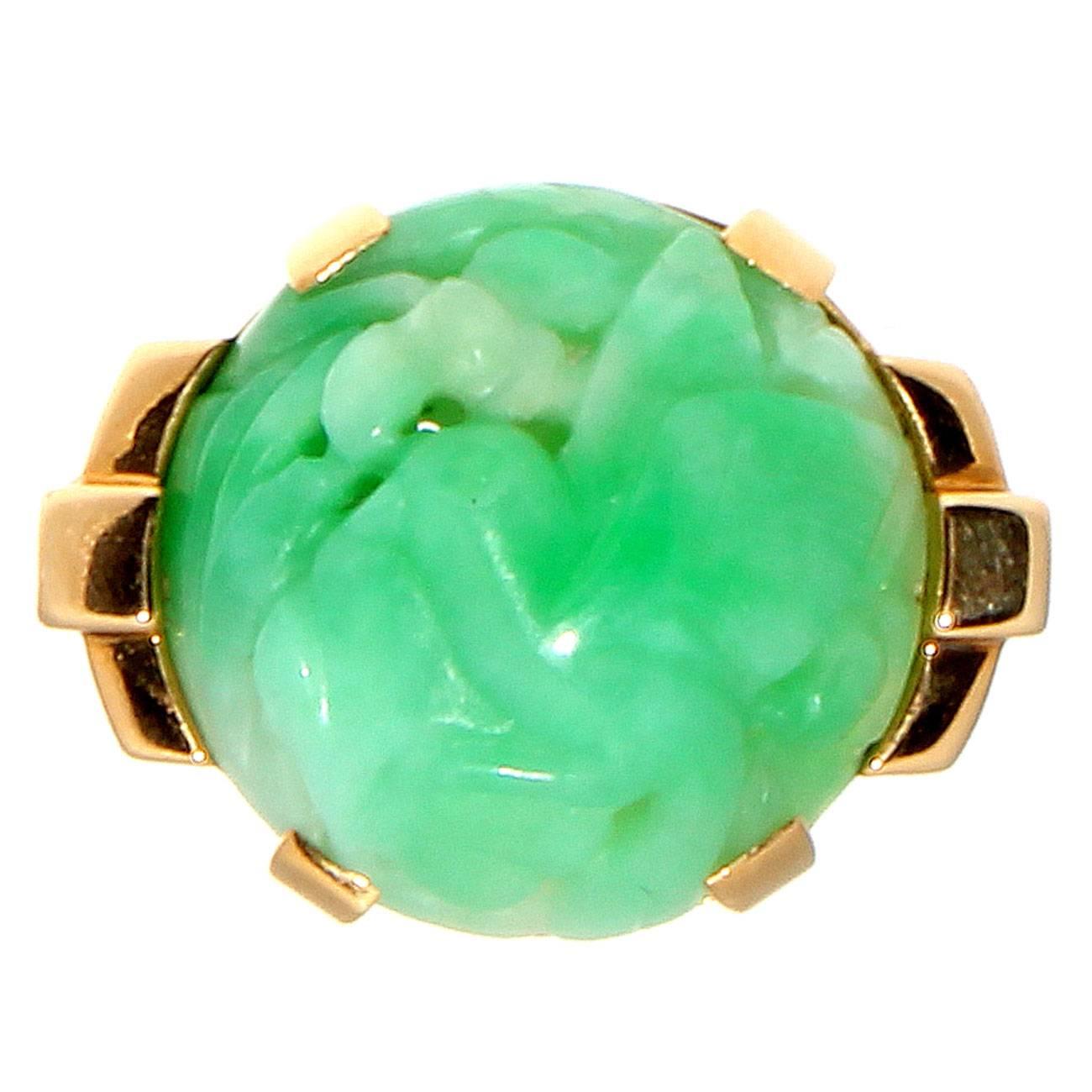 French Carved Jade Gold Ring