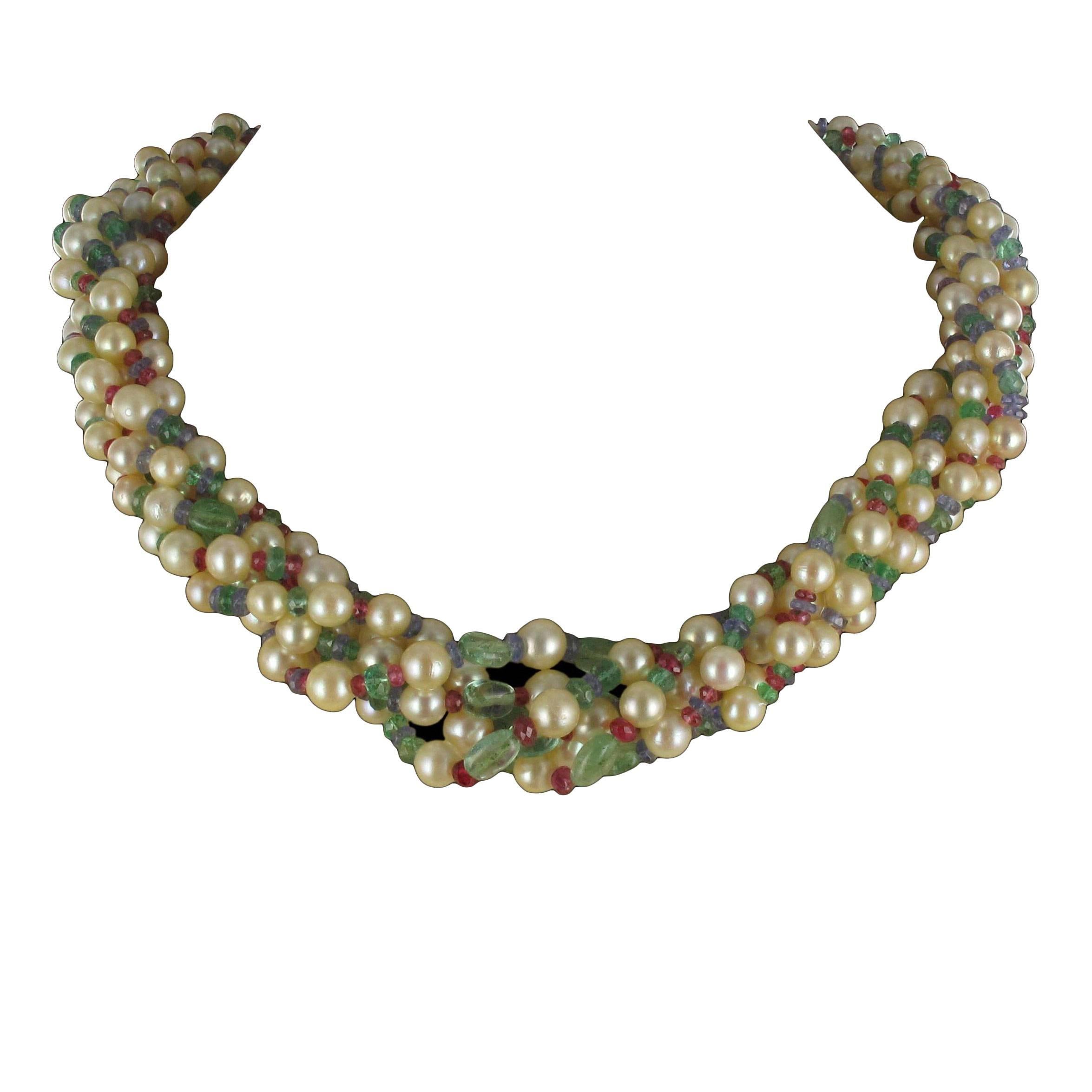 French Pearl Emerald Sapphire Ruby Spinel Gold Torsade Necklace For Sale