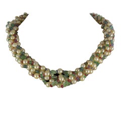 French Pearl Emerald Sapphire Ruby Spinel Gold Torsade Necklace