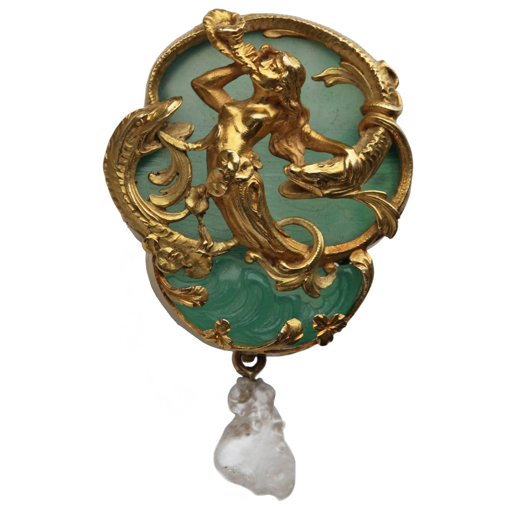 Belle Epoque Carved Agate Pearl Gold "Naiad and Sturgeons" Jewel For Sale