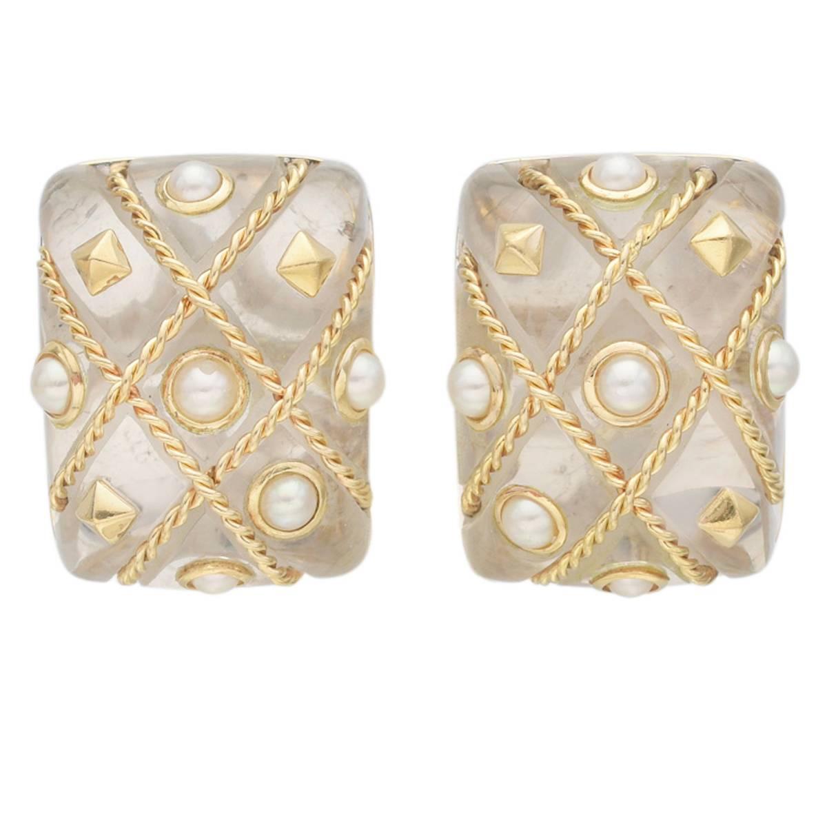 Rock Crystal Pearl Gold Cage Earclips