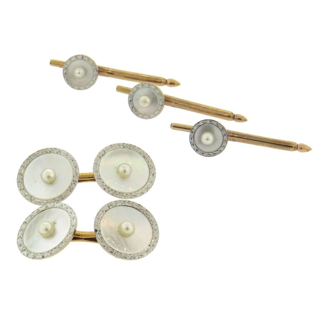 Art Deco Pearl Mother of Pearl Diamond Gold Cufflinks Stud Set