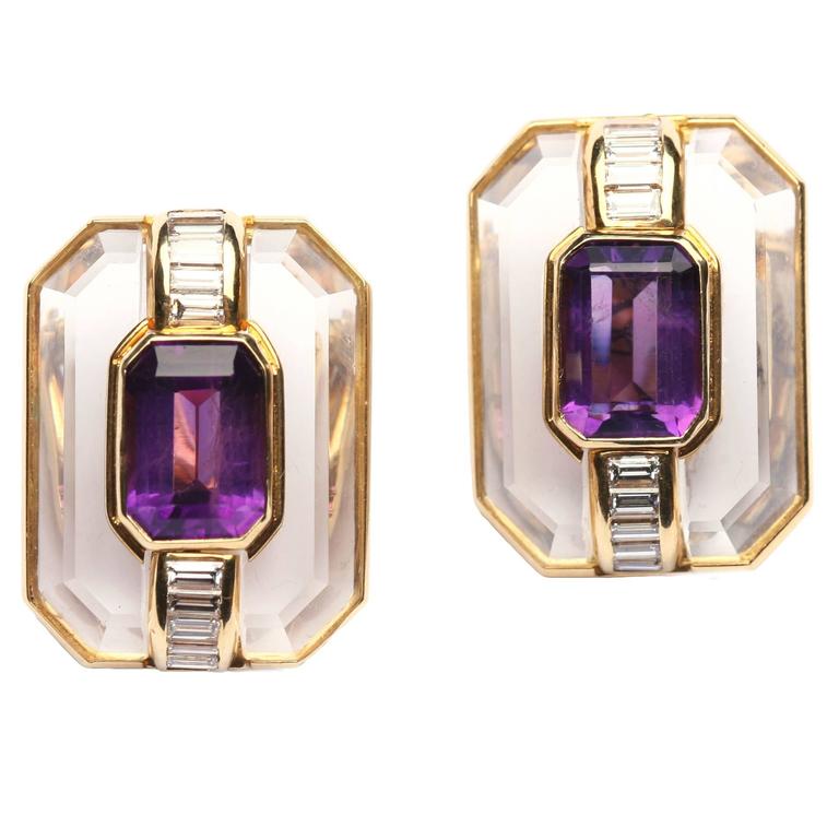 Rock Crystal Amethyst Gold Ear Clips For Sale at 1stDibs