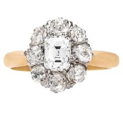 Unique Victorian Cluster Engagement Ring with Emerald Cut Center Diamond