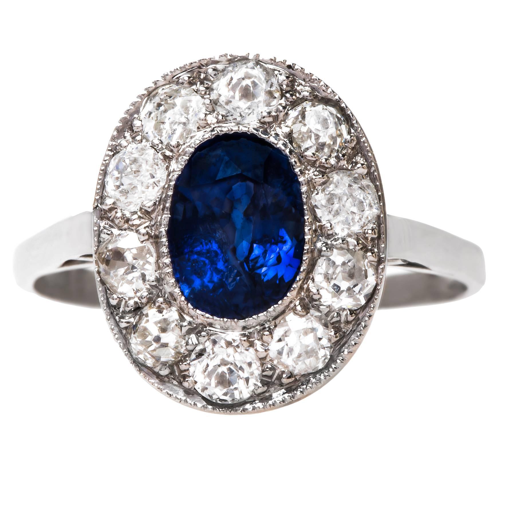 Alluring Art Deco Sapphire Diamond Gold Halo Engagement Ring For Sale