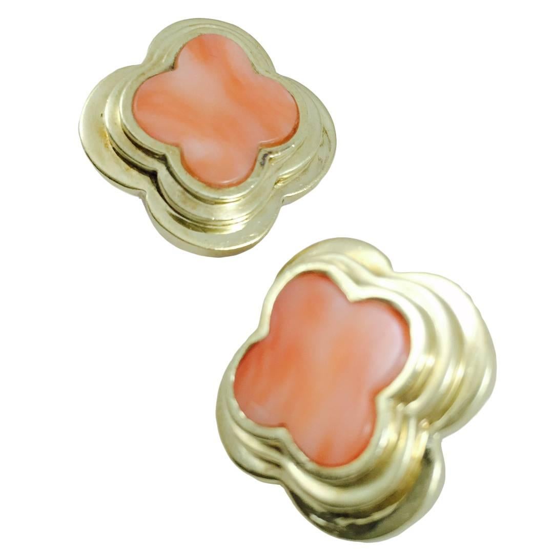 Clover Shape Coral Gold Earrings For Sale