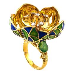 En Tremblant Enamel Diamond Gold Articulated Flower Ring