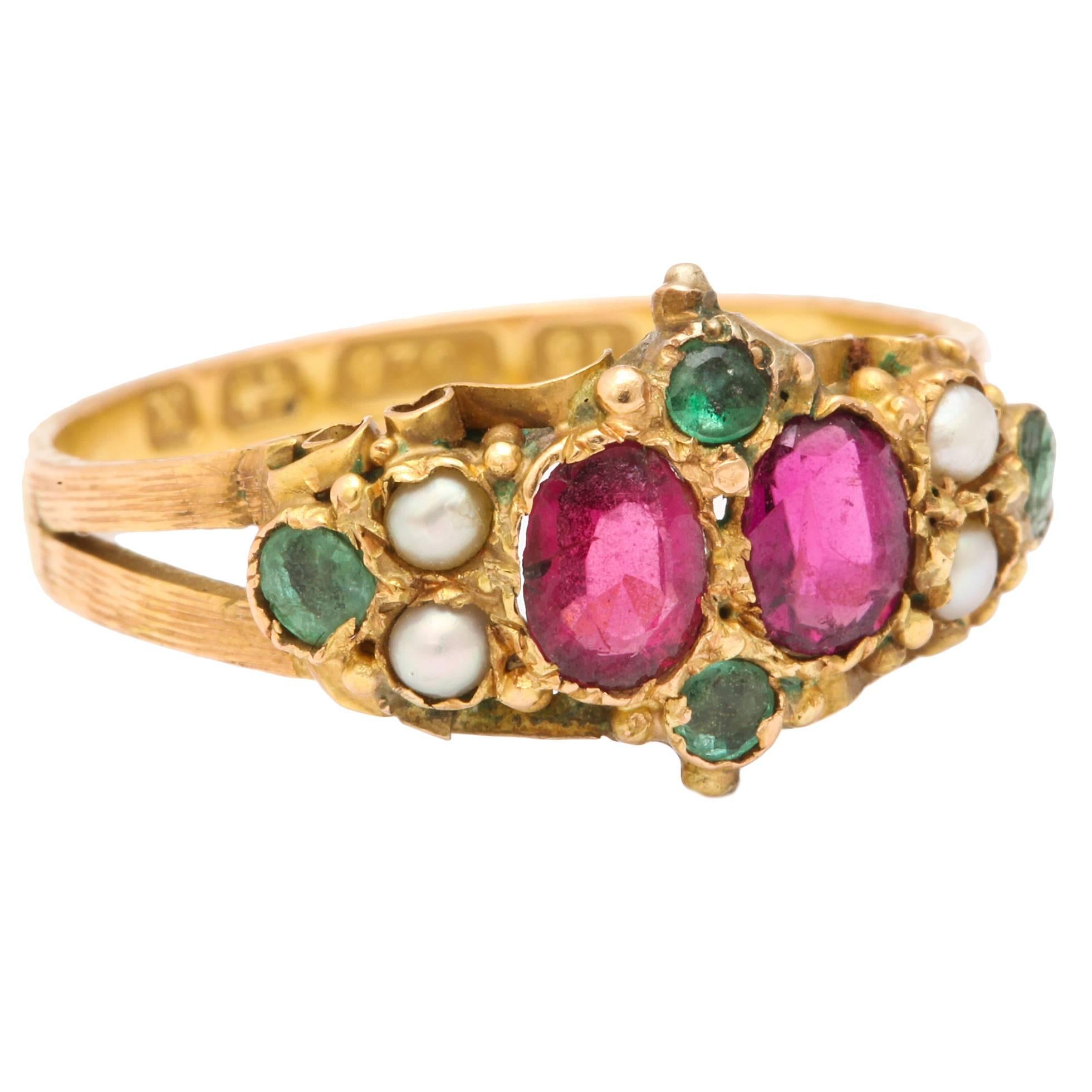 Endearing Ring of Rubies, Emeralds and Pearls 