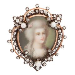 Antique Pearl Diamond Gold Portrait Brooch