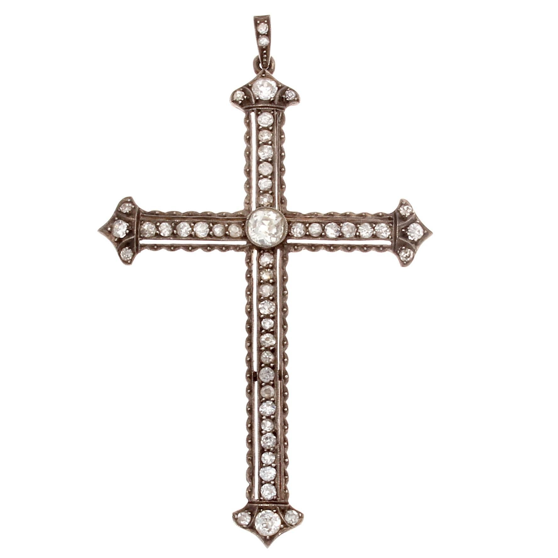 19th Century Diamond Silver Gold Cross Pendant