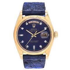 Rolex Vintage Yellow Gold Day-Date Factory Blue Diamond Dial Wristwatch