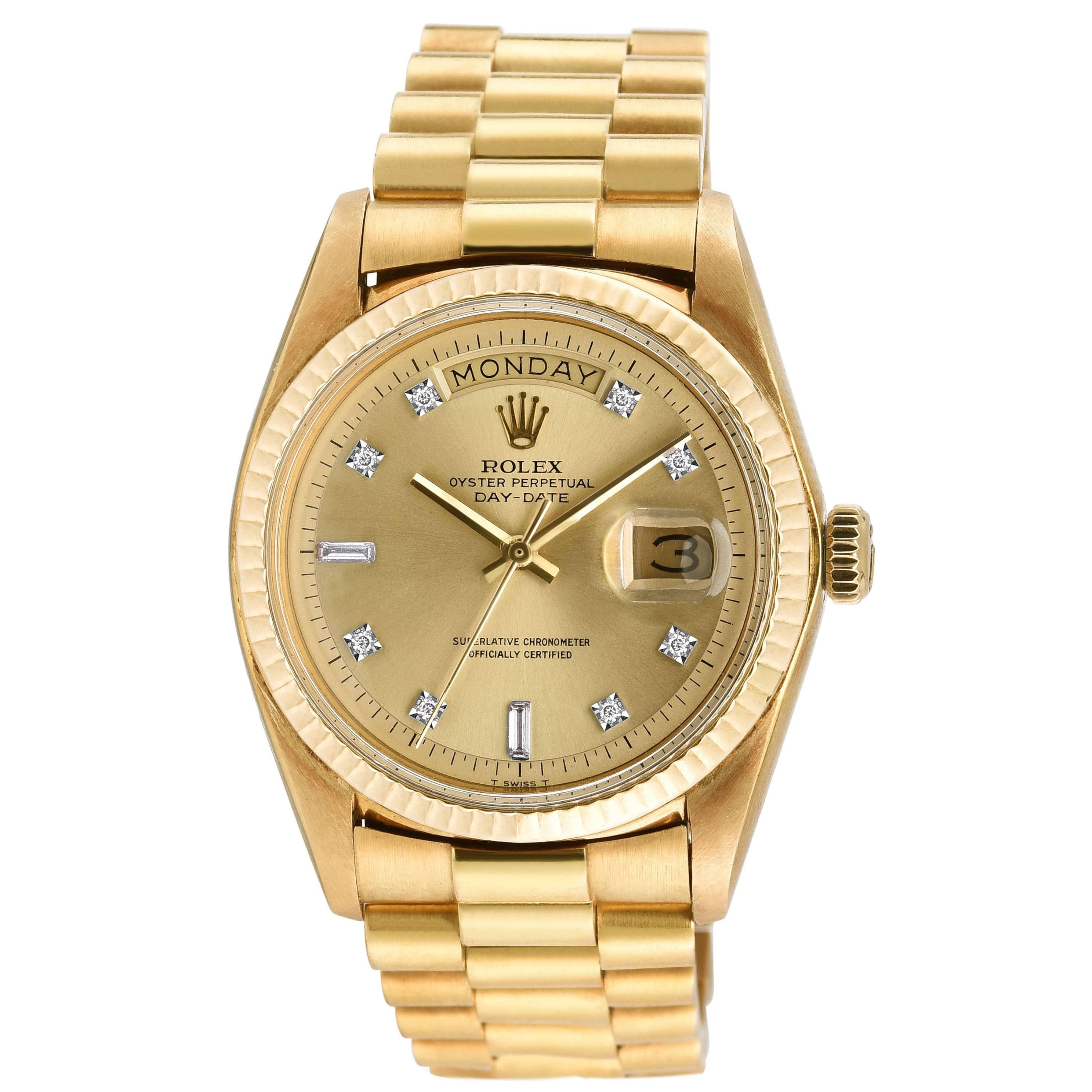 Rolex Vintage Yellow Gold Day-Date President Factory Diamond Dial Wristwatch 