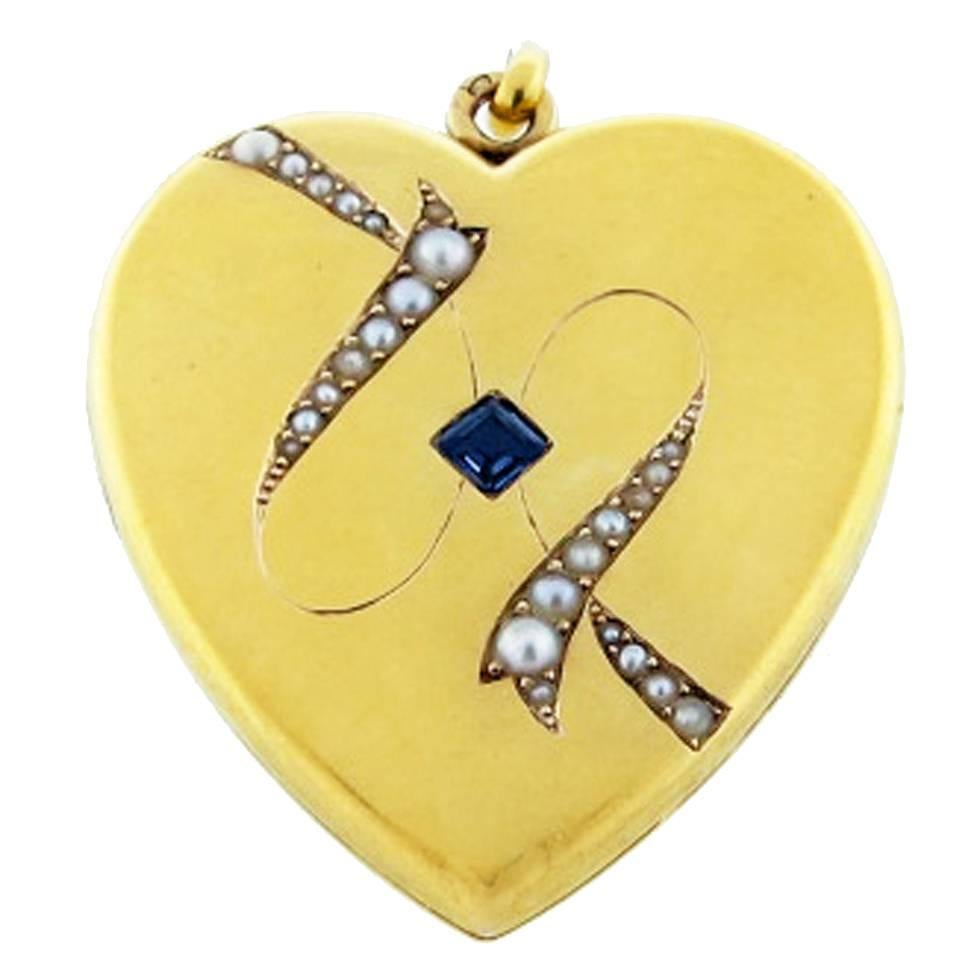 Romantic French Art Nouveau Pearl Sapphire Gold Locket For Sale