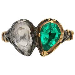 Georgian Emerald Diamond Silver Gold Twin Heart Ring 3