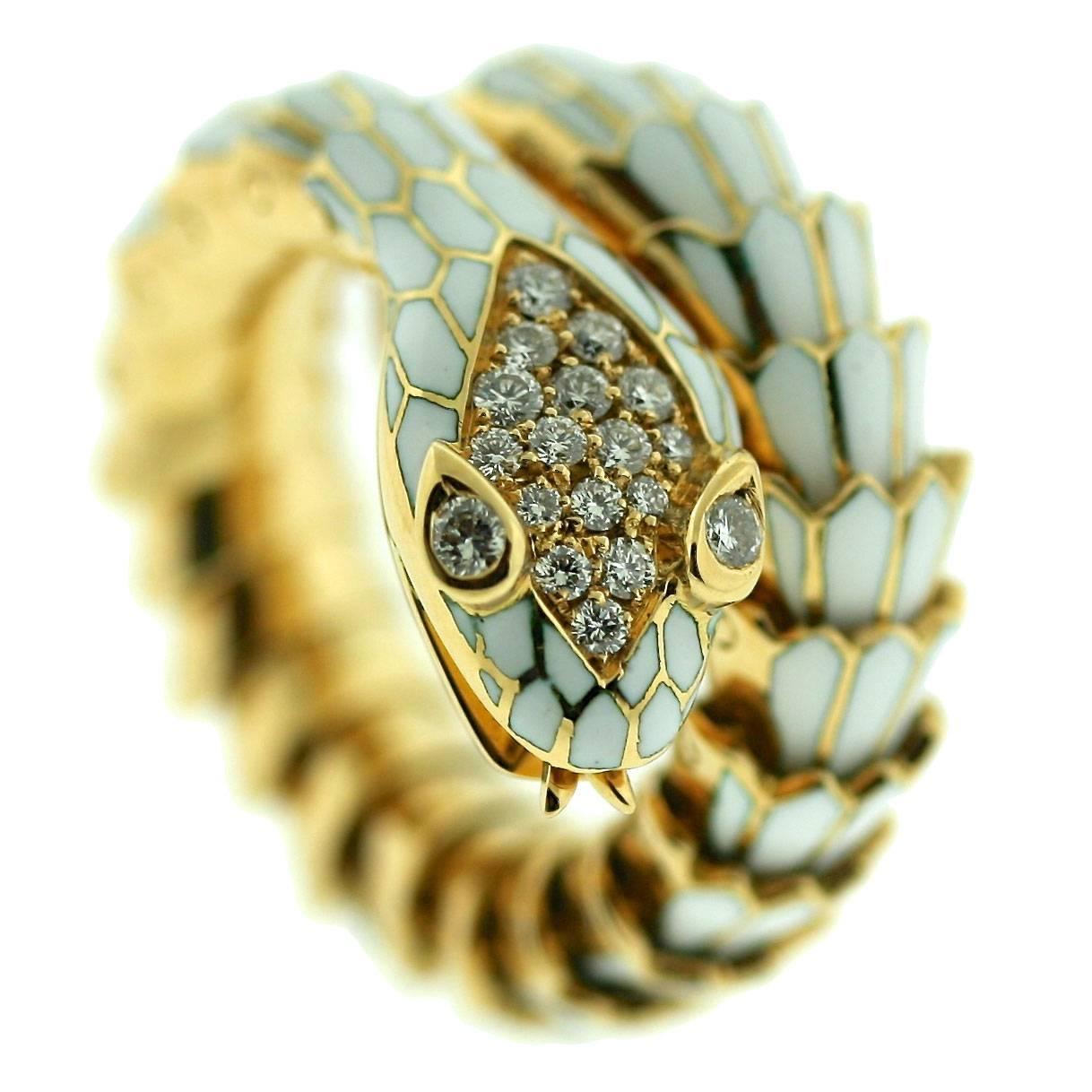 1970s Illario Enamel Gold Pave Diamond Coiled Serpent Ring