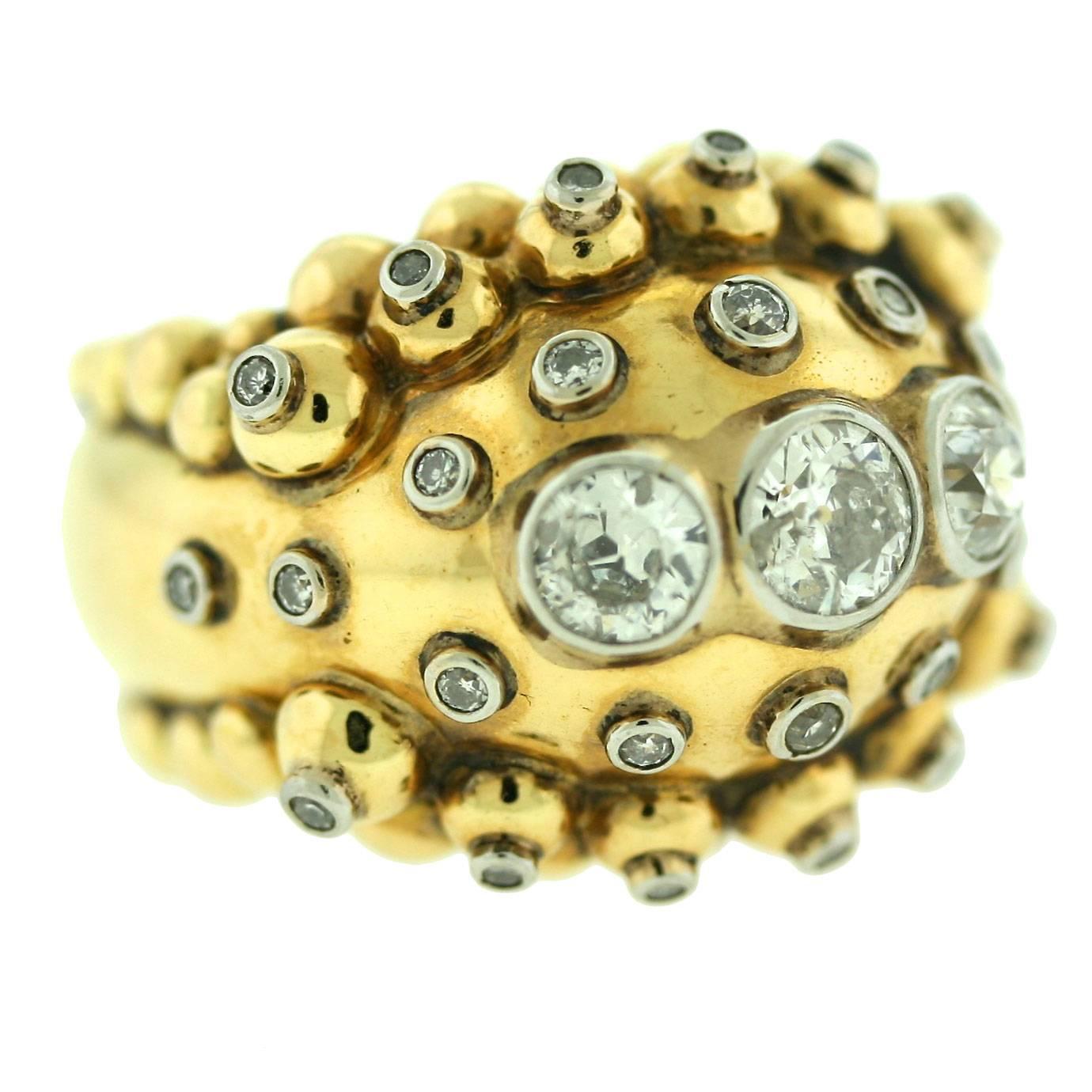 French Diamond Gold Bombe Ring For Sale