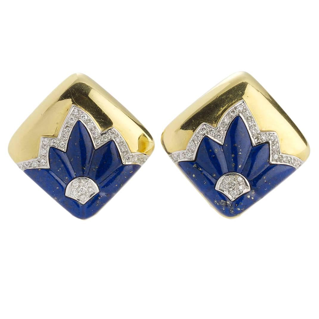 Lapis Lazuli Diamond Gold Earrings