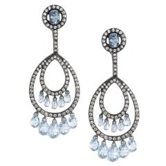 Blue Topaz Diamond Silver Gold Drop Earrings