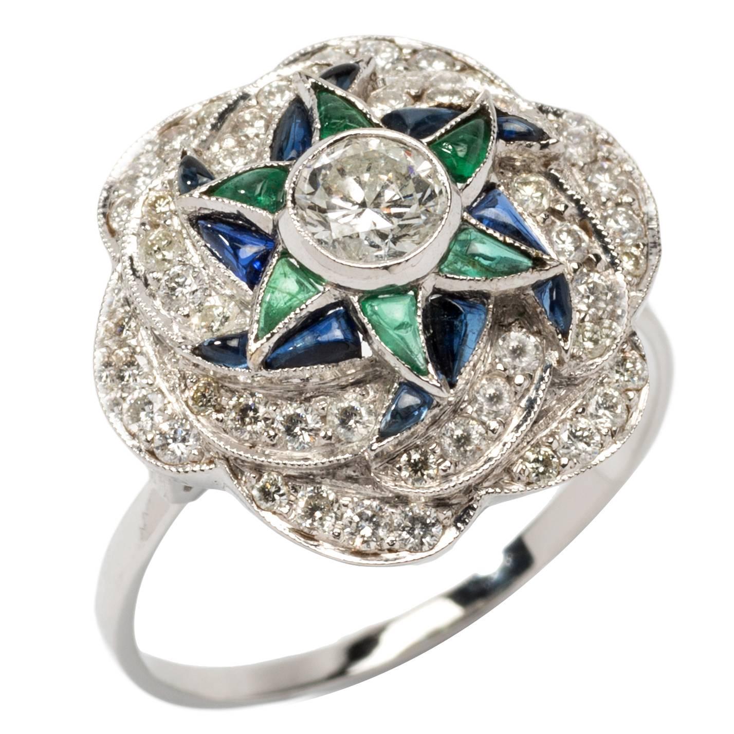 Sapphire Emerald Diamond Gold Ring For Sale