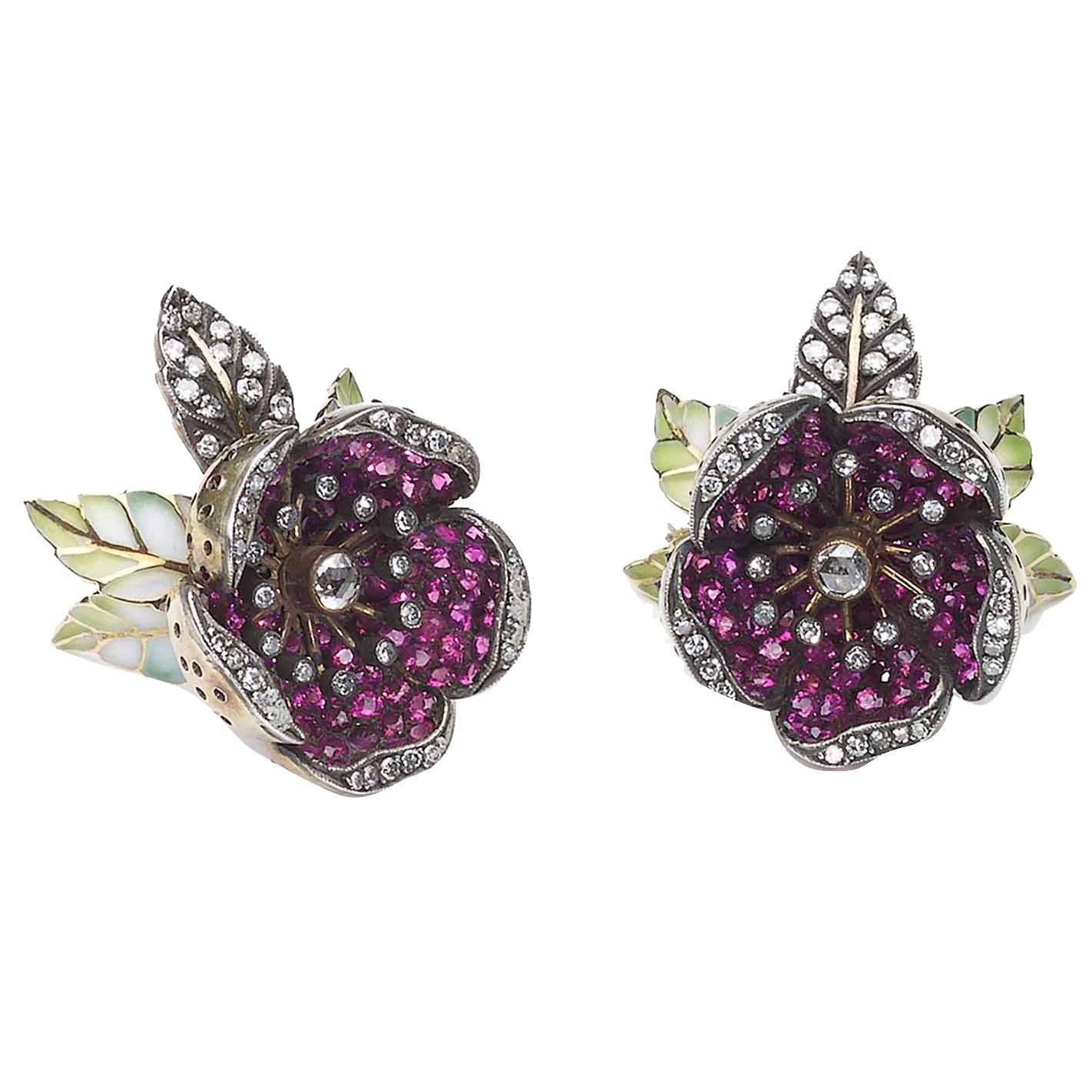 Moira Ruby Diamond Flower Earrings With Plique à Jour Enamel Leaves