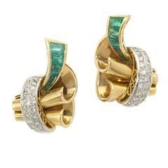 1940s Emerald Diamond Gold Clip On Earrings