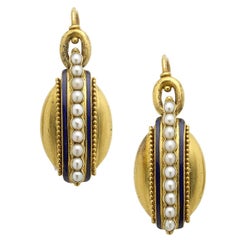 Victorian Blue Enamel Pearl Gold Earrings