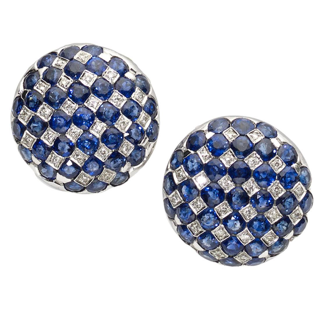 Sapphire Diamond Gold Checkerboard Earrings