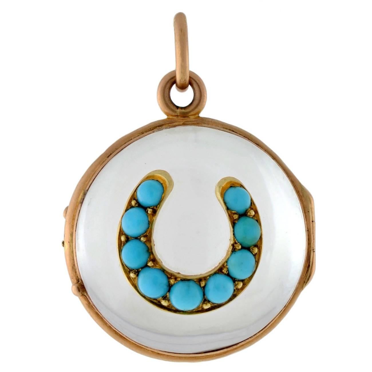 Victorian Rock Crystal Persian Turquoise Horseshoe Locket