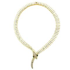 Vintage Illario Enamel Emerald Diamond Gold Serpent Necklace